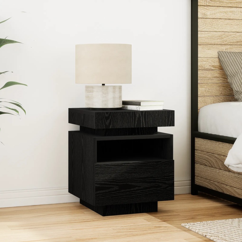 Criado-mudo vidaXL com Luzes LED Carvalho Preto 40x39x48,5 cm