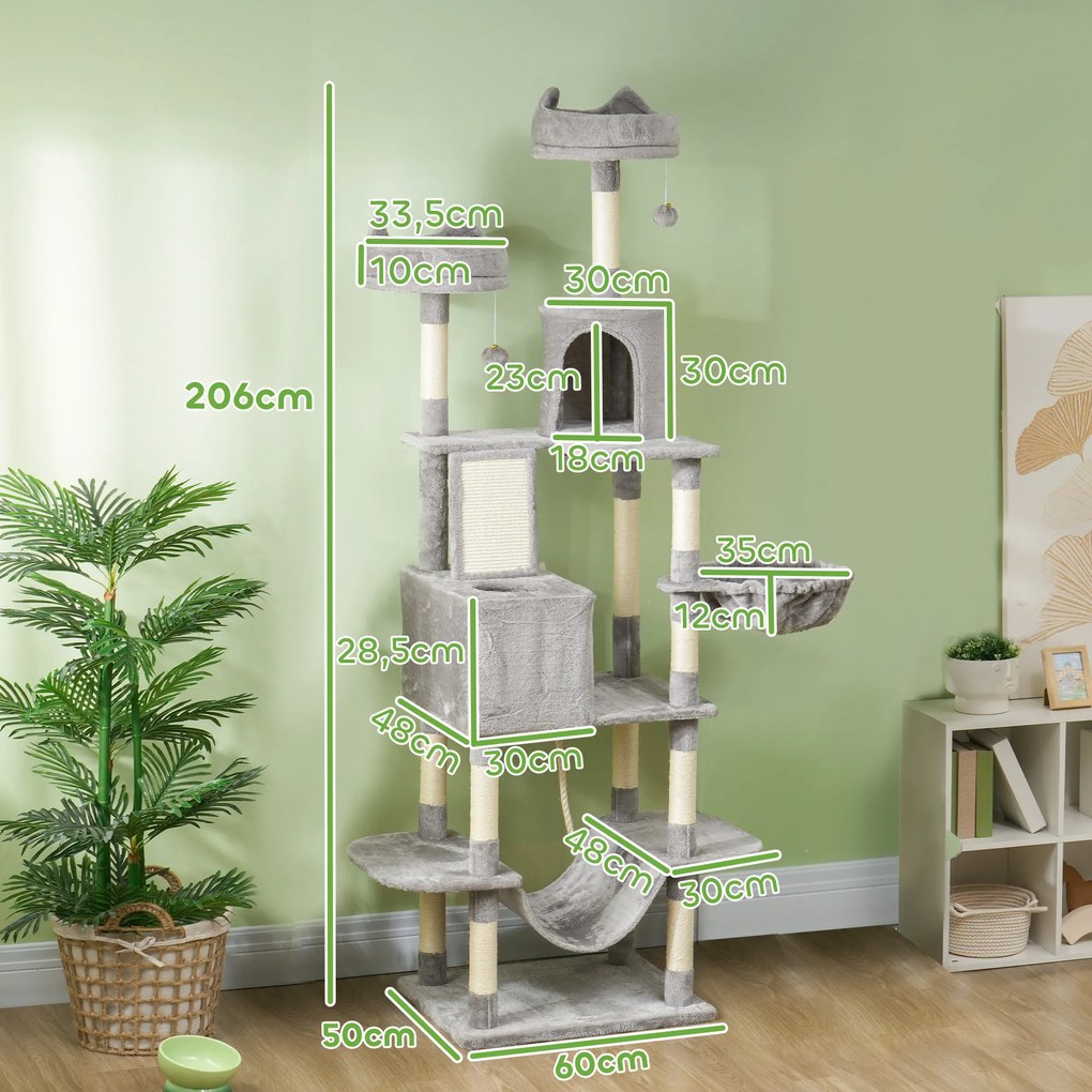 Arranhador para Gatos Grande Altura 173 cm Torre para Gatos com Plataformas Caverna Bolas Suspensa e Rede Cinza Claro