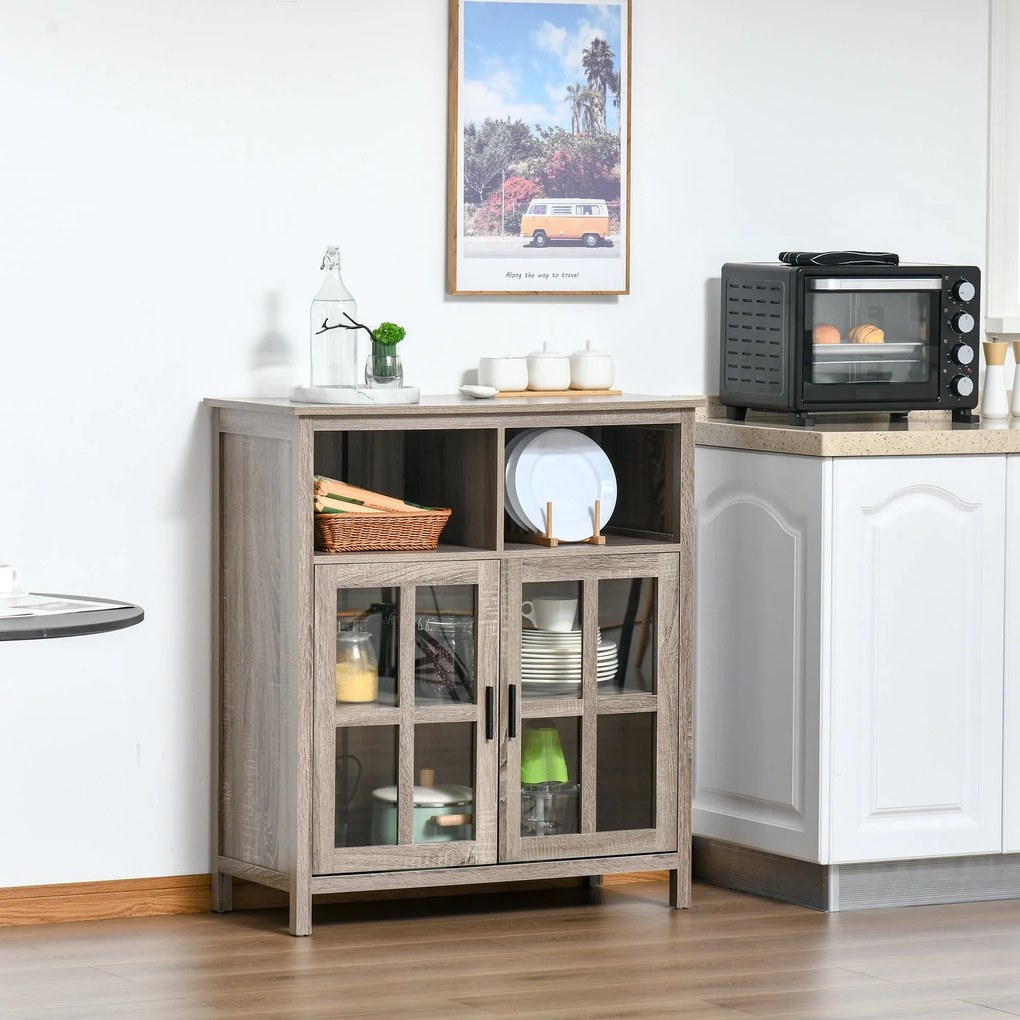 Aparador de Cozinha Armário Buffet com 2 Portas de Vidro e 2 Compartimentos Abertos Móvel Auxiliar de Armazenamento para Sala de Jantar Sala de