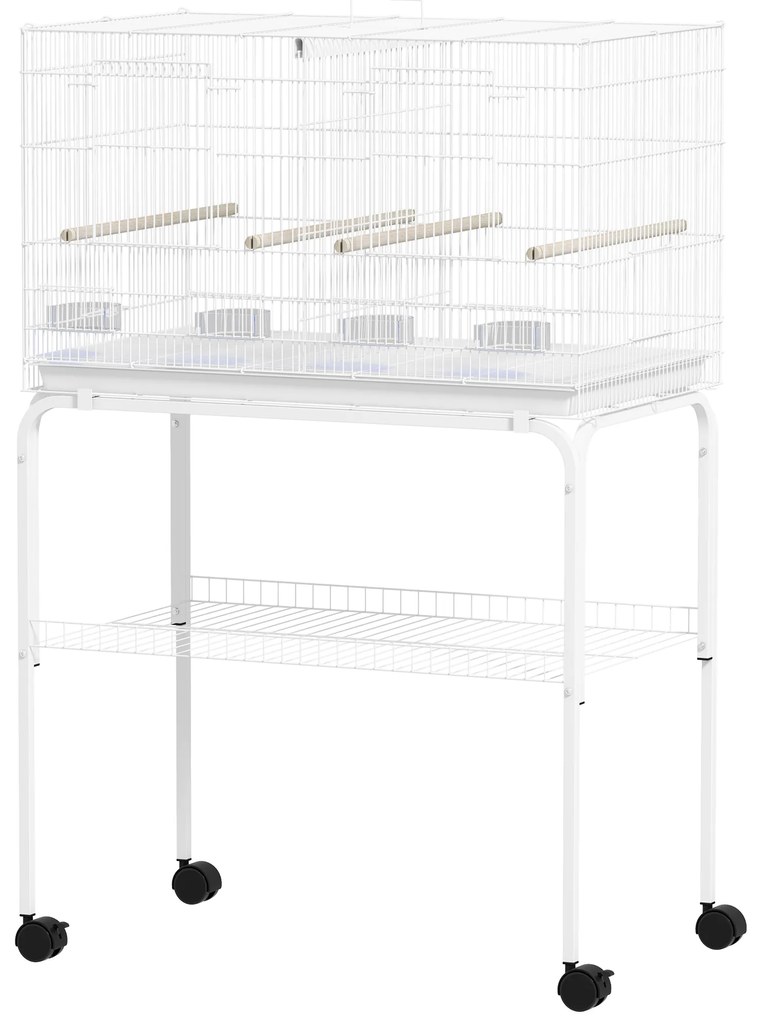 Gaiola para Pássaros com Divisória Rodas Gaiola para Aves com Comedouros Poleiros e Bandeja Removível 76x46x116 cm Branco
