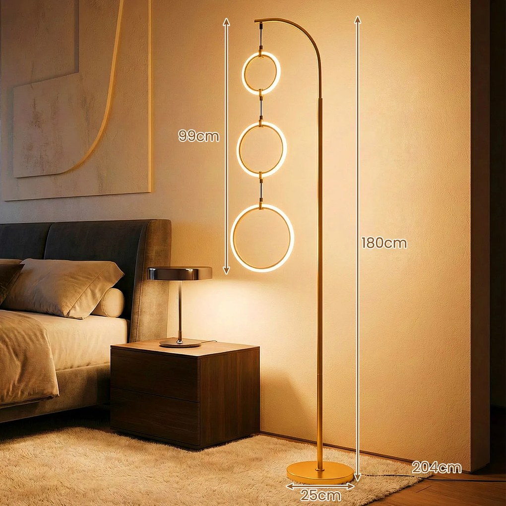 Candeeiro de pé LED de 180 cm com 3 anéis, 3 temperaturas de cor, intensidade ajustável e interruptor, com base pesada, para sala, quarto e escritório