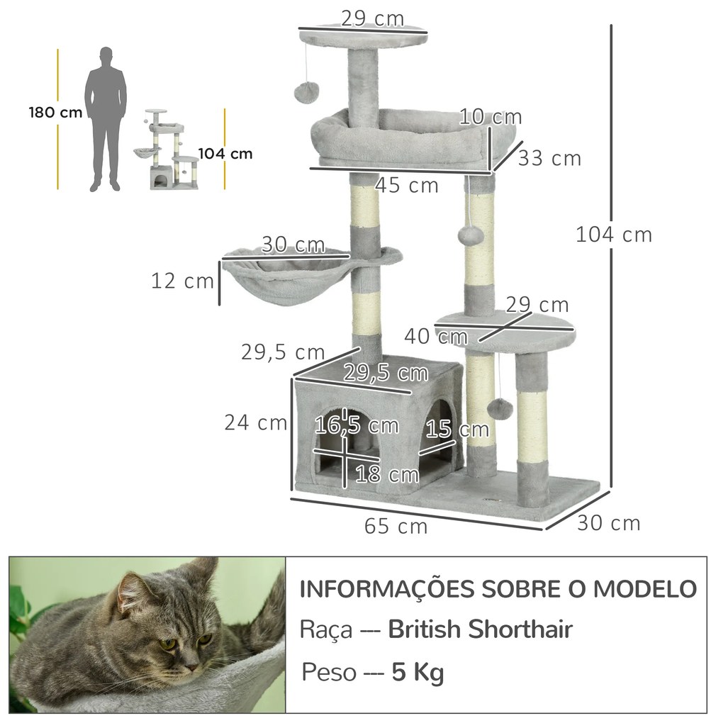 Arranhador para Gatos com Postes Arranhadores de Sisal Cova Plataformas e Bolas Suspensas 65x30x104 cm Cinzento Claro