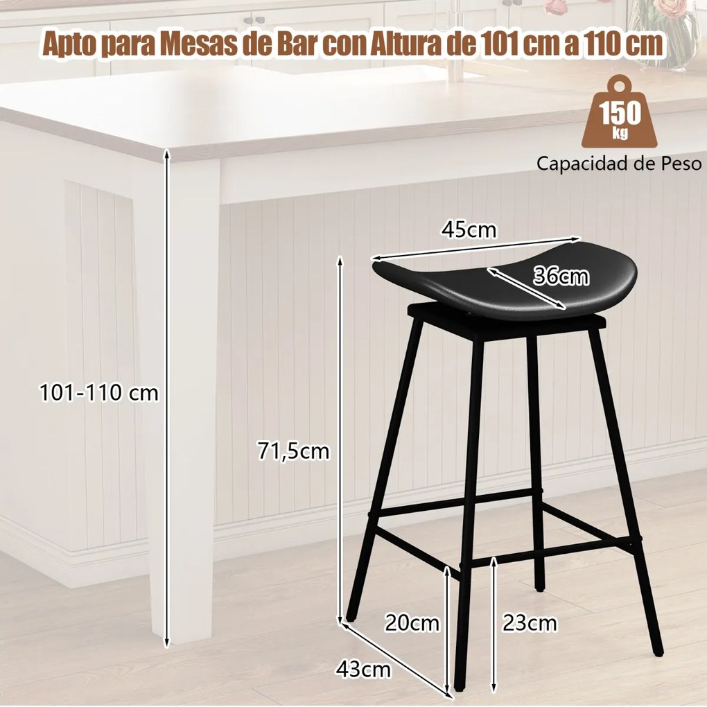 Conjunto de 2 bancos de bar 43 x 45 x 71,5 cm com assento acolchoado e curvado, apoio para os pés e sem encosto para cozinha ou sala de jantar, Preto