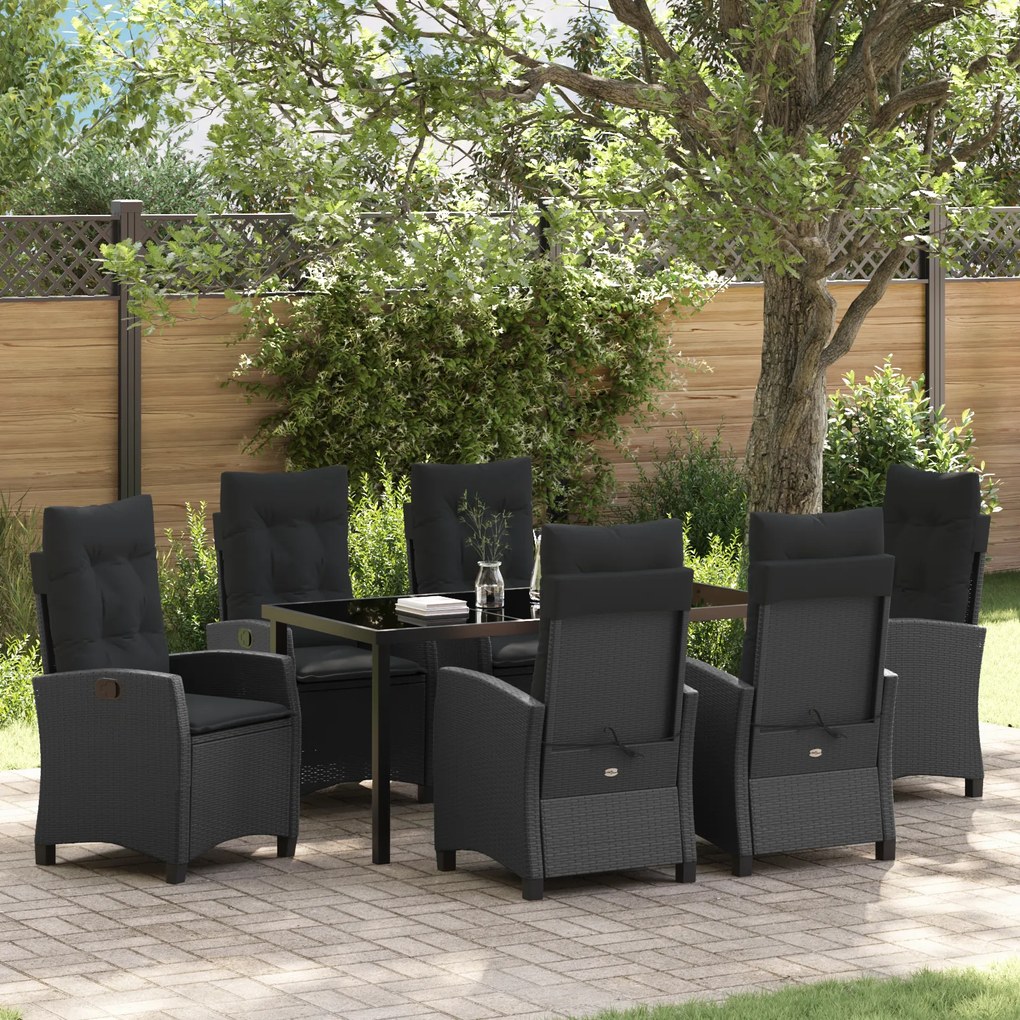 vidaXL Conjunto de Jantar de Jardim 7 Peças com Almofadas Preto Rattan Poliéster