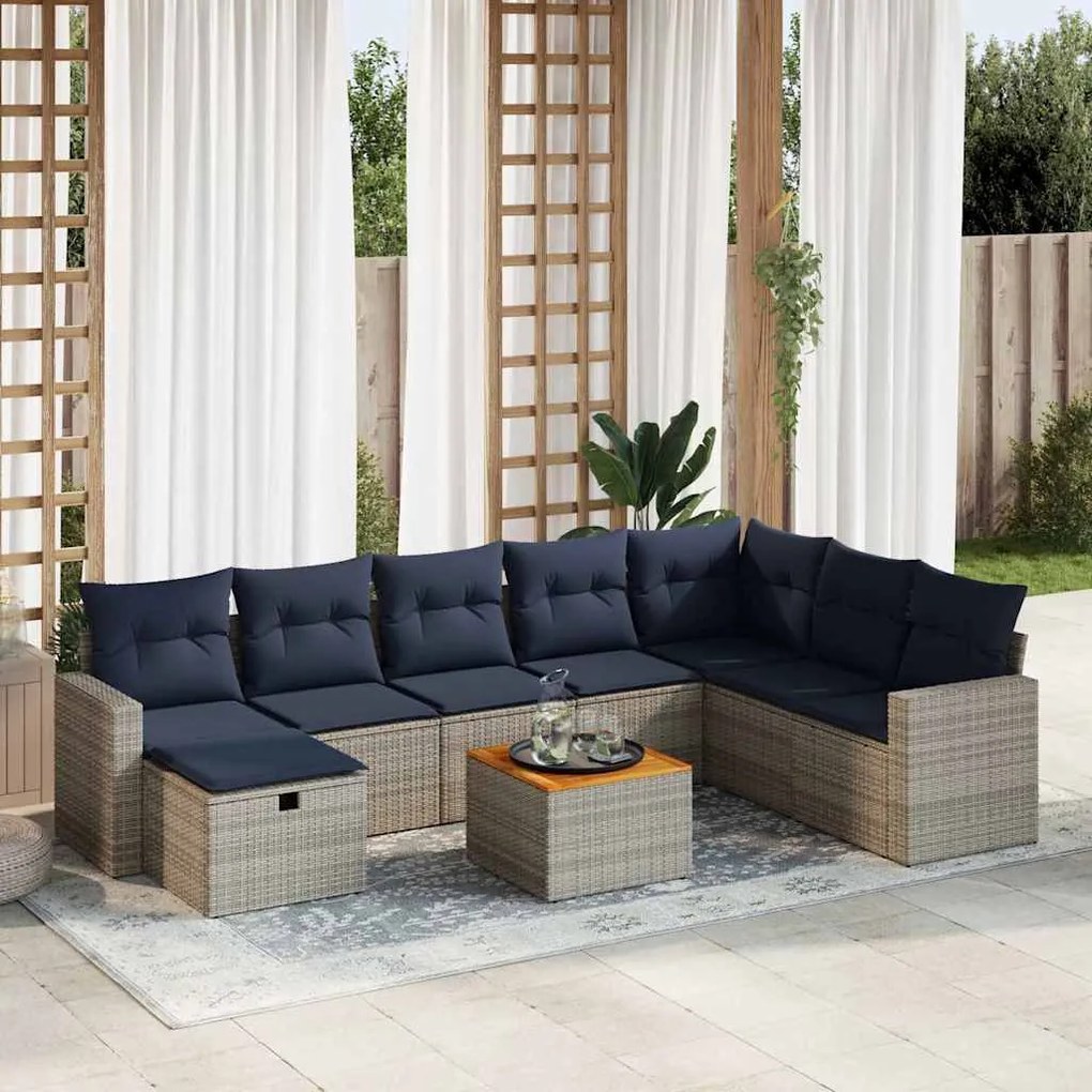 9 pcs conjunto sofás p/ jardim com almofadões vime PE cinzento