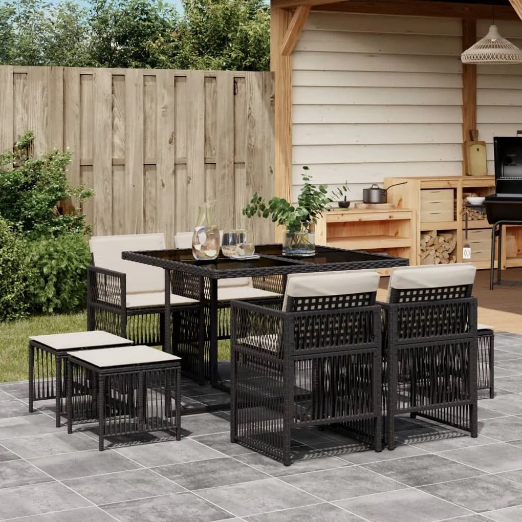 9 pcs conjunto de jantar p/ jardim c/ almofadões vime PE preto