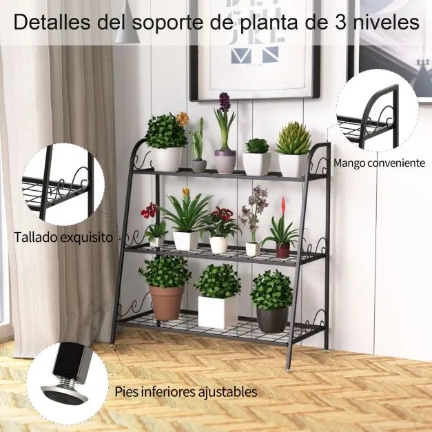 Estante metálica para plantas com 3 níveis Suporte para flores para jardim, varanda  81 x 35 x 82 cm Preto