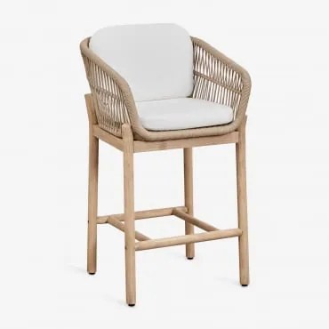 Taburete Alto De Jardim Em Madeira De Acácia E Corda Trançada Karvia ↑65 Cm & Marrom Acácia Claro & Tecido Branco - Sklum