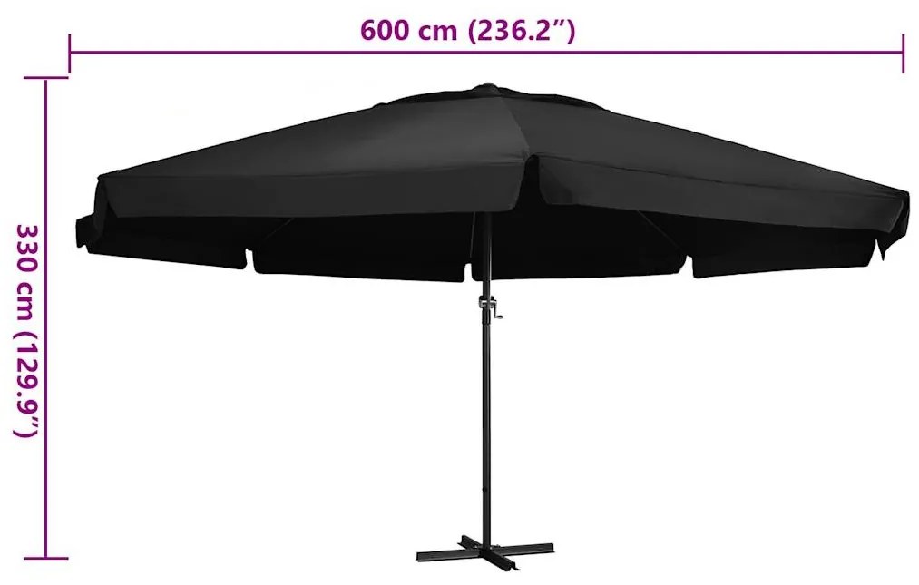 Guarda-sol de jardim com poste de alumínio 600 cm preto