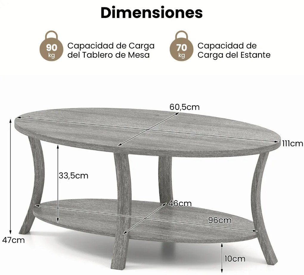 Mesa de Centro Oval 2 níveis 111 x 60,5 x 47 cm com prateleira de armazenamento cinzento