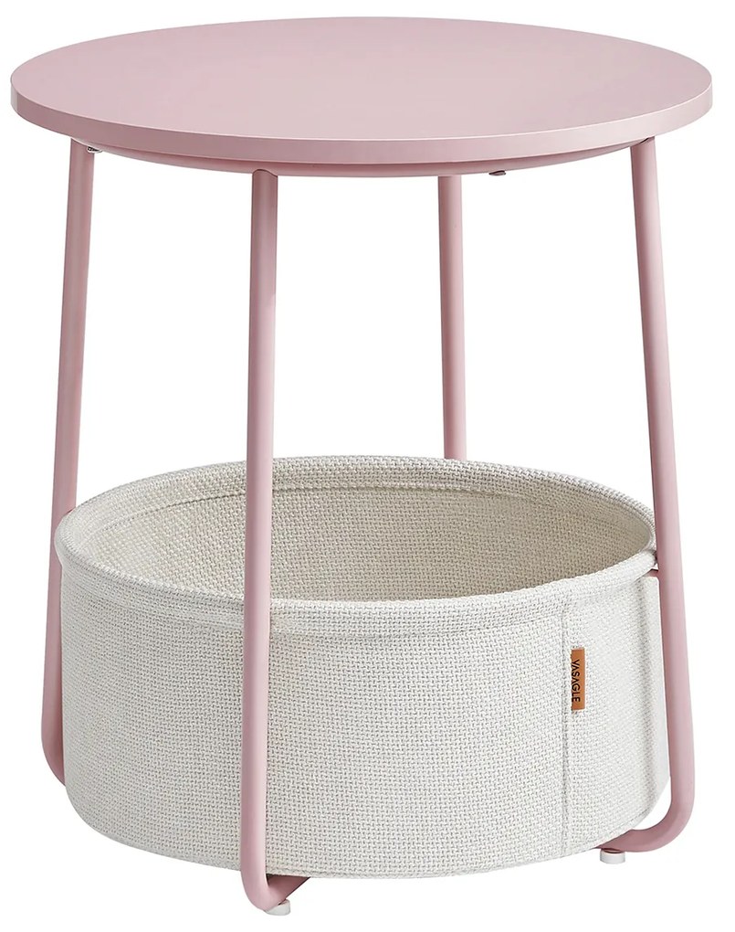 Mesa lateral redonda Vasagle, mesa de centro pequena, mesa de sala de estar com cesto de tecido, espaço de armazenamento para sala de estar, quarto, moderna, rosa pastel/branco nuvem, LET223R61