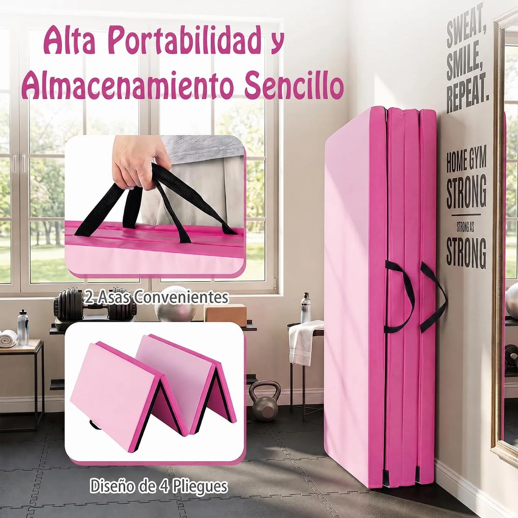 Colchão de Ginástica Dobrável, 240 x 116 x 5 cm, Espuma de Alta Densidade, Rosa-escuro
