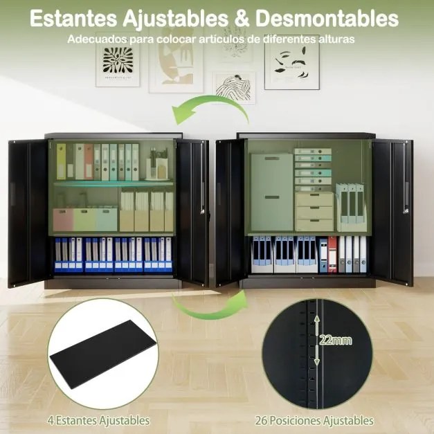 Armário de armazenamento metálico 80 x 40 x 91 cm com 2 portas com fechadura para garagem ou escritório com 2 prateleiras ajustáveis Preto