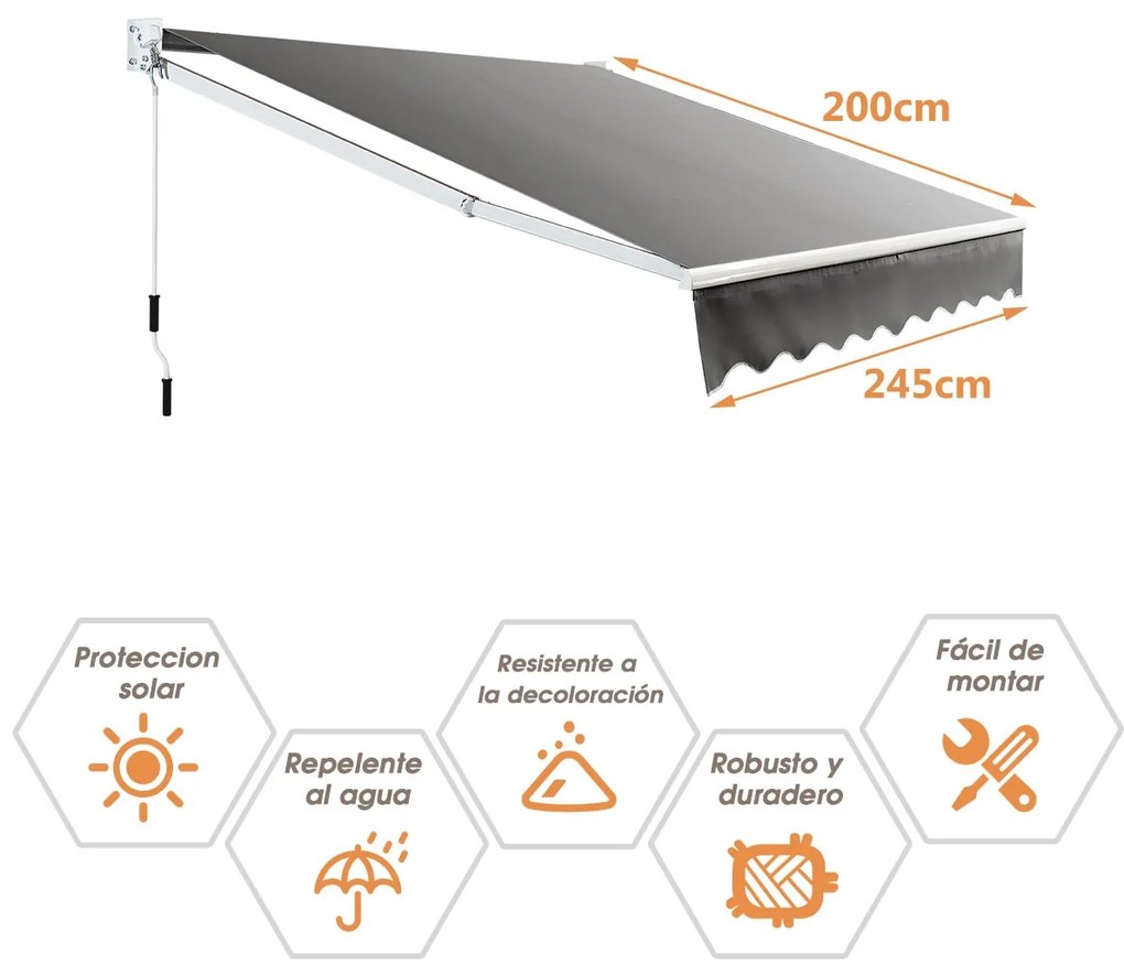 Toldo retrátil 245 x 200 cm com manivela manual em poliéster impermeável, em alumínio para porta de parede ou janela Cinzento