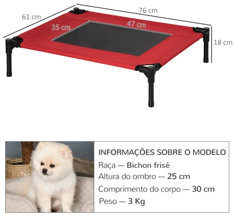 Cama para Animais de Estimação Cama Elevada para Cães Gatos Portátil Tecido Transpirável para Exterior Interior 76x61x18cm Vermelho