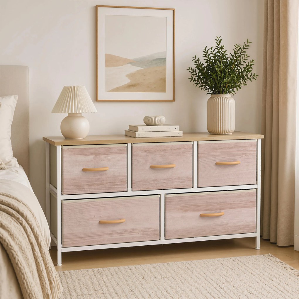 Cómoda com 5 Gavetas de Tecido Cómoda para Quarto Estrutura Metálica 100x30x51.5 cm Madeira e Branco