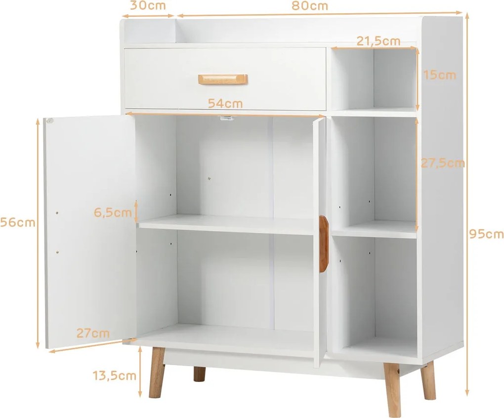 Armário "ELIN" com 1 Gaveta, 2 Portas e 3 Prateleiras – Branco, MDF e