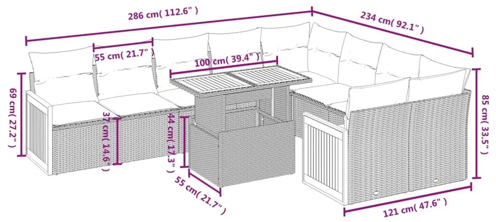 10 pcs conjunto sofás de jardim c/ almofadões vime PE preto