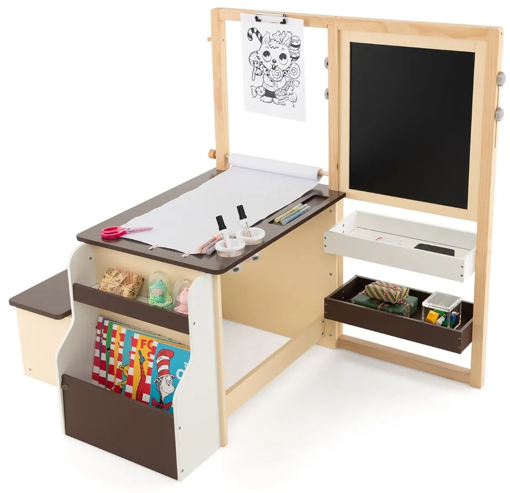 Conjunto de mesa e banco de arte para crianças com cavalete ajustável de dupla face, quadro magnético e rolos de papel substituíveis Castanho