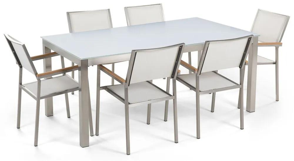 Conjunto de mesa com tampo em vidro branco 180 x 90 cm e 6 cadeiras brancas GROSSETO Beliani
