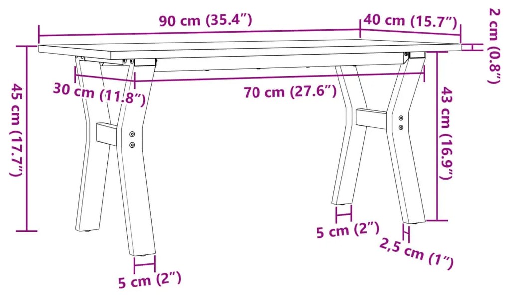 Mesa de centro estrutura em Y 90x40x45 cm pinho e ferro fundido