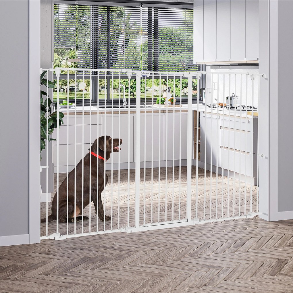 Barreira para cães em aço, com 3 painéis dobráveis, fecho duplo e porta integrada, para portas e escadas, branca