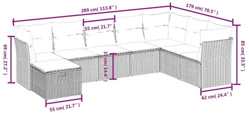 8 pcs conjunto sofás de jardim c/ almofadões vime PE castanho