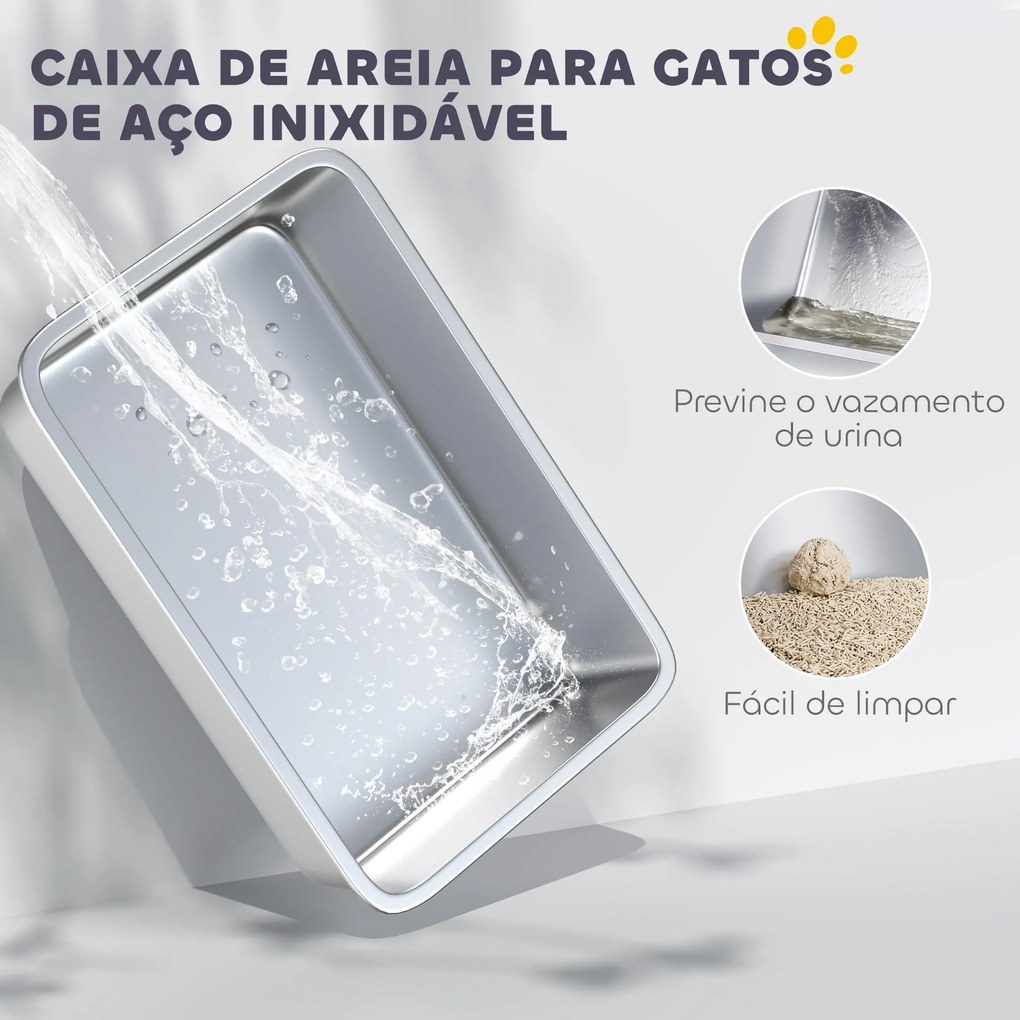 Caixa de Areia para Gatos Fechada com Bandeja de Aço Inoxidável Tampa Removível Bordos Altos e Pá 60,5x40,5x42 cm Branco