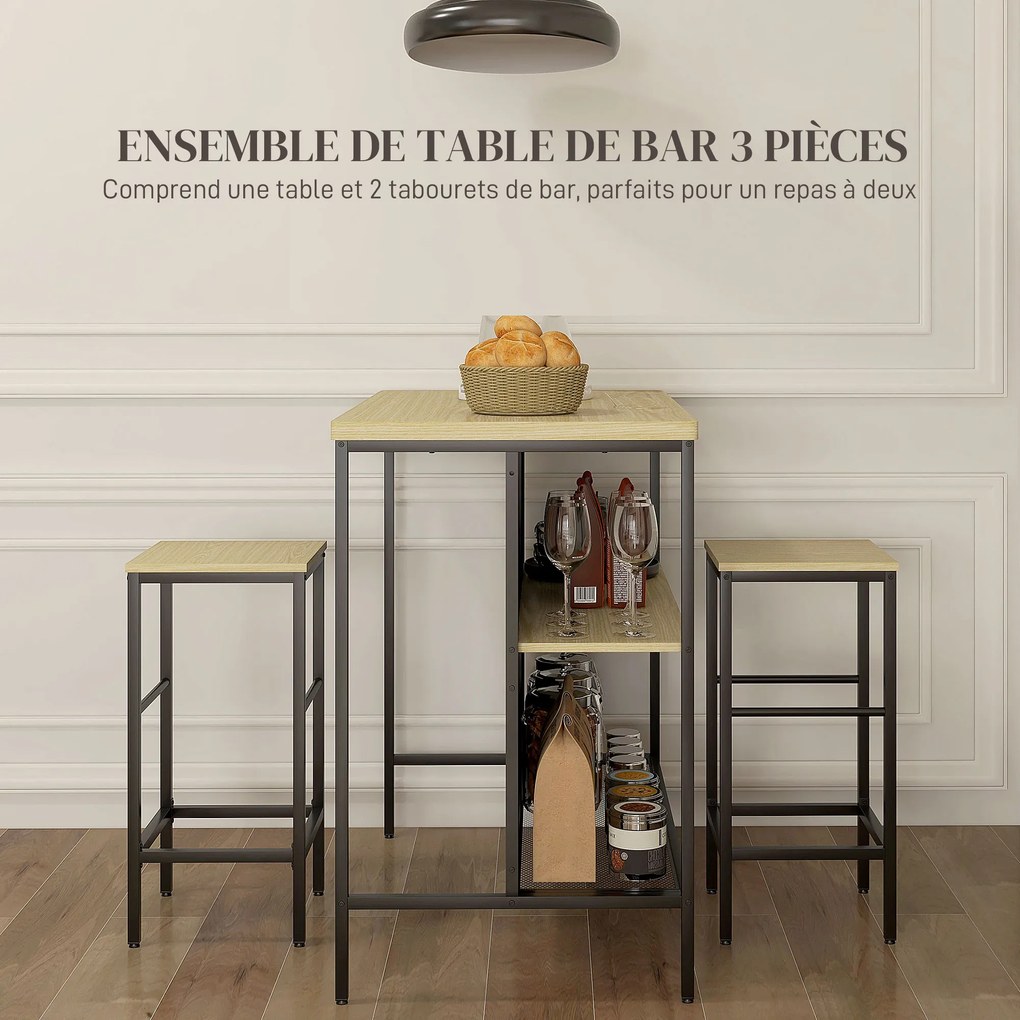 Conjunto de mesa de bar e 2 bancos de estilo industrial com prateleira de arrumação, apoio para os pés, em metal preto e com aspeto de madeira