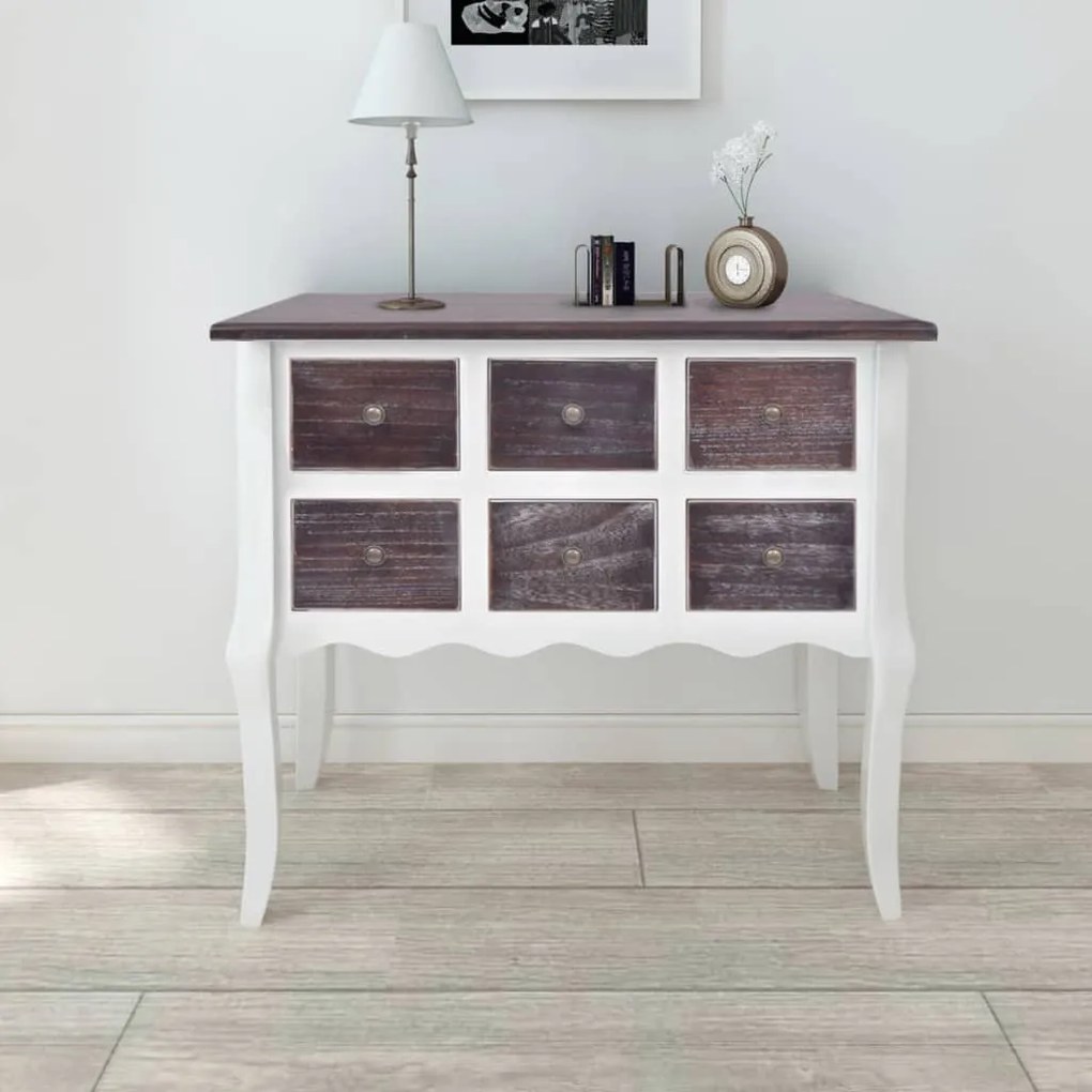 vidaXL Mesa consola com 6 gavetas castanho e branco madeira