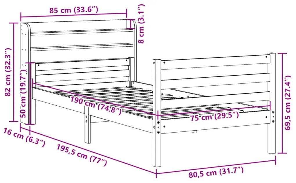 Estrutura de cama com cabeceira 75x190 cm pinho maciço