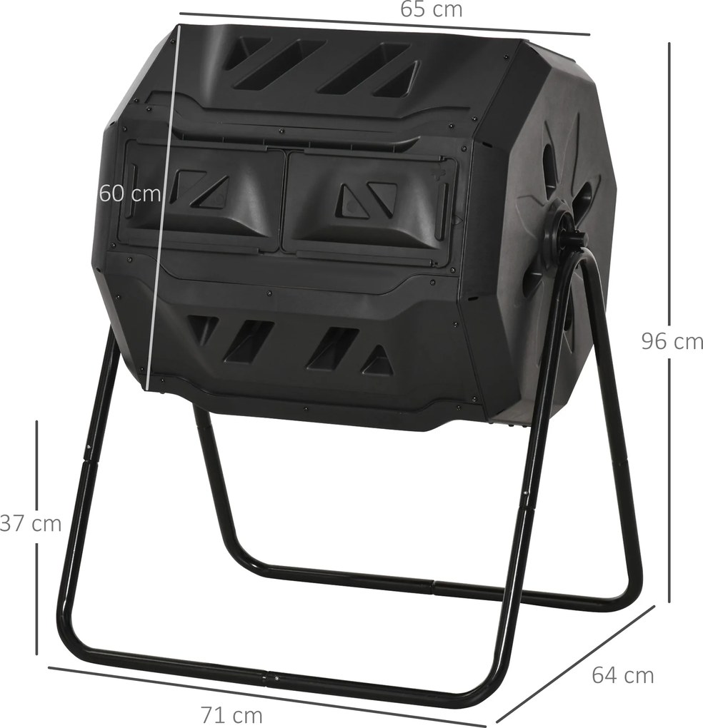 Compostor de jardim - Caixote de compostagem para resíduos - Rotativo a 360° - Dupla câmara 160 L - Aço PP preto