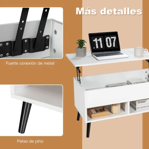 Mesa de centro 80 cm com tampo elevatório com compartimento oculto Mesa de chá para sala de estar Branco