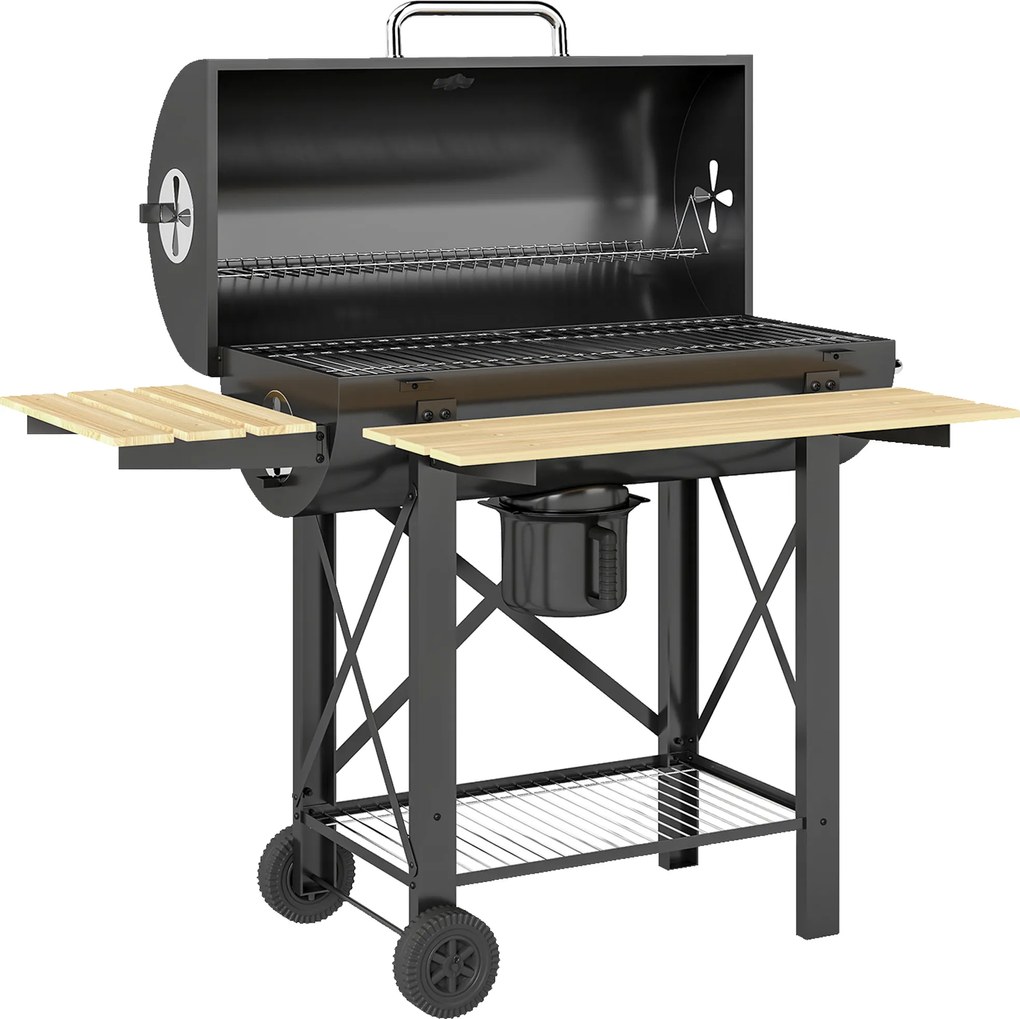 Outsunny Barbecue a Carvão Portátil Móvel com Prateleiras Dobráveis Termómetro Tampa Ventilações Ajustáveis 109x71x98 cm Preto | Aosom Portugal