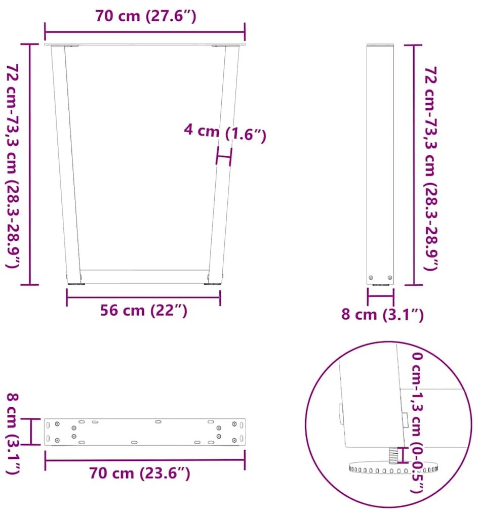 Mesa de jantar pernas 2 pcs forma V 70x(72-73,3) cm aço natural