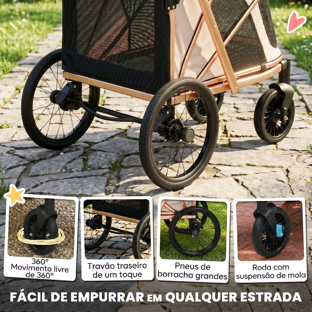 Carrinho para Cães Dobrável até 20 kg com Rodas Grandes Suspensão e Travão Janelas de Rede Almofada Castanho Claro