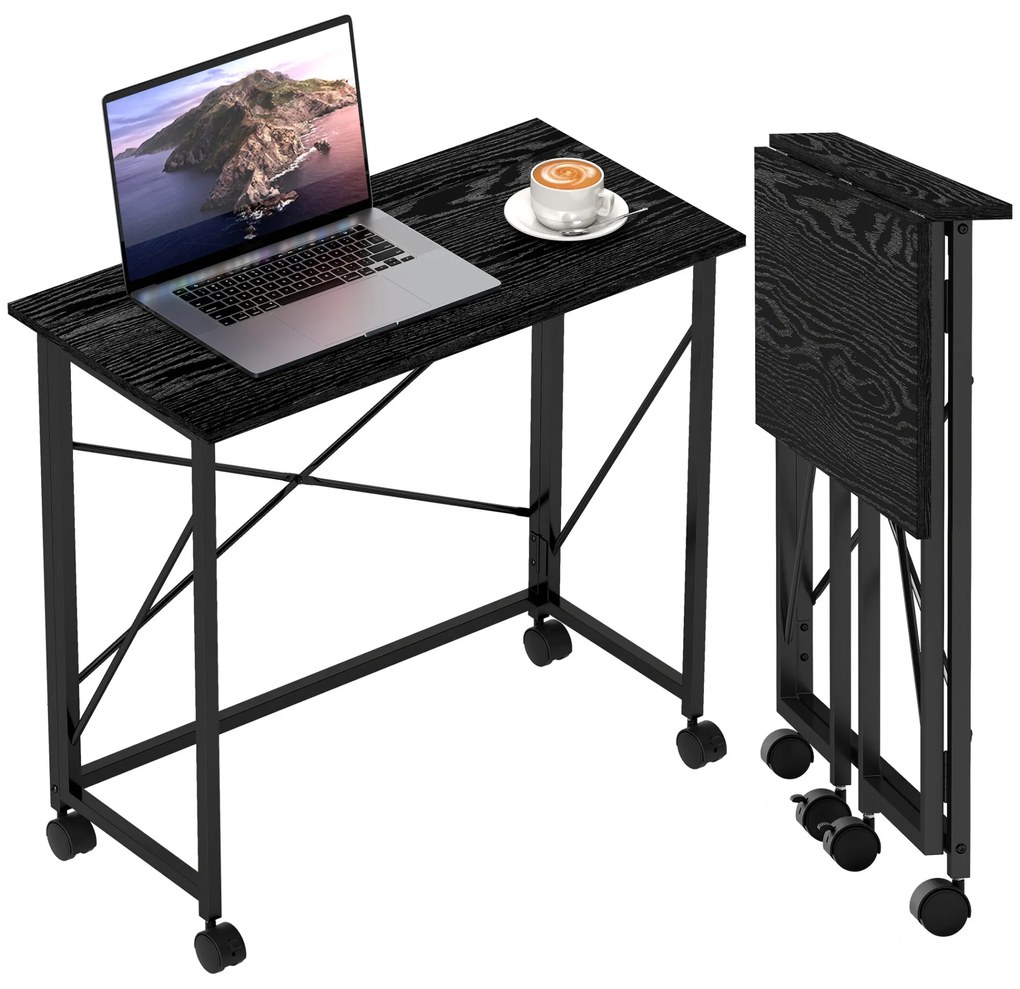 HOMCOM Secretária Dobrável com Rodas Mesa de Secretária Compacta Mesa para Computador Portátil para Casa Escritório Espaços Pequenos 80x40x75 cm Preto
