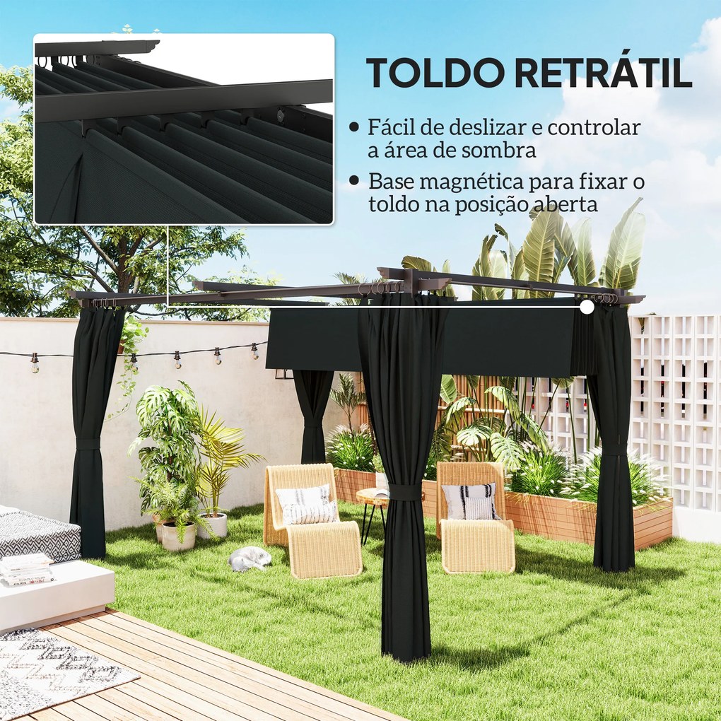 Pérgola com Teto Retrátil 3,9x3x2,2 m Paredes Laterais Tecido de Poliéster Anti UV Pérgola para Jardim Cinzento