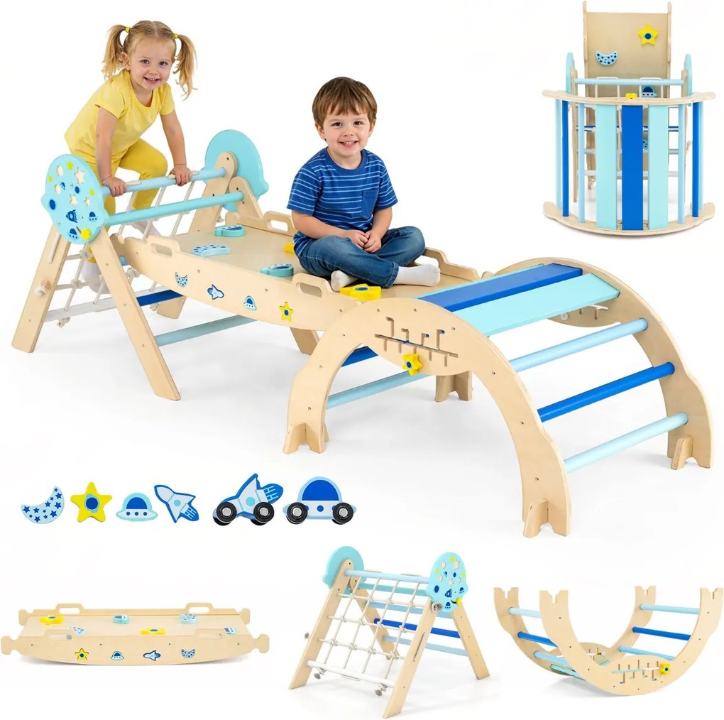 Conjunto de escalada triangular para crianças dobrável com arco, rampa e escalador, brinquedo de madeira para bebés, brinquedo Montessori azul