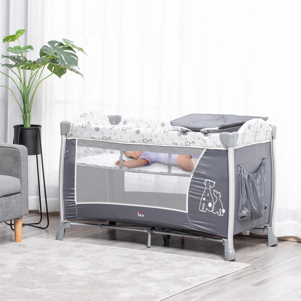 Berço de Viagem Dobrável para Bebés e Crianças até 15kg com 2 Rodas e Bolso Lateral Berço Portátil 124x66x77,5cm Cinza