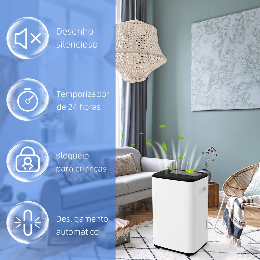 HOMCOM Desumidificador Elétrico Depósito de Água 6 Litros 20L/Dia com 4 Modos 2 Velocidades Ecrã LED Temporizador Silencioso para Dormitório Sala de Estar Cozinha 33,5x26x53 cm Branco