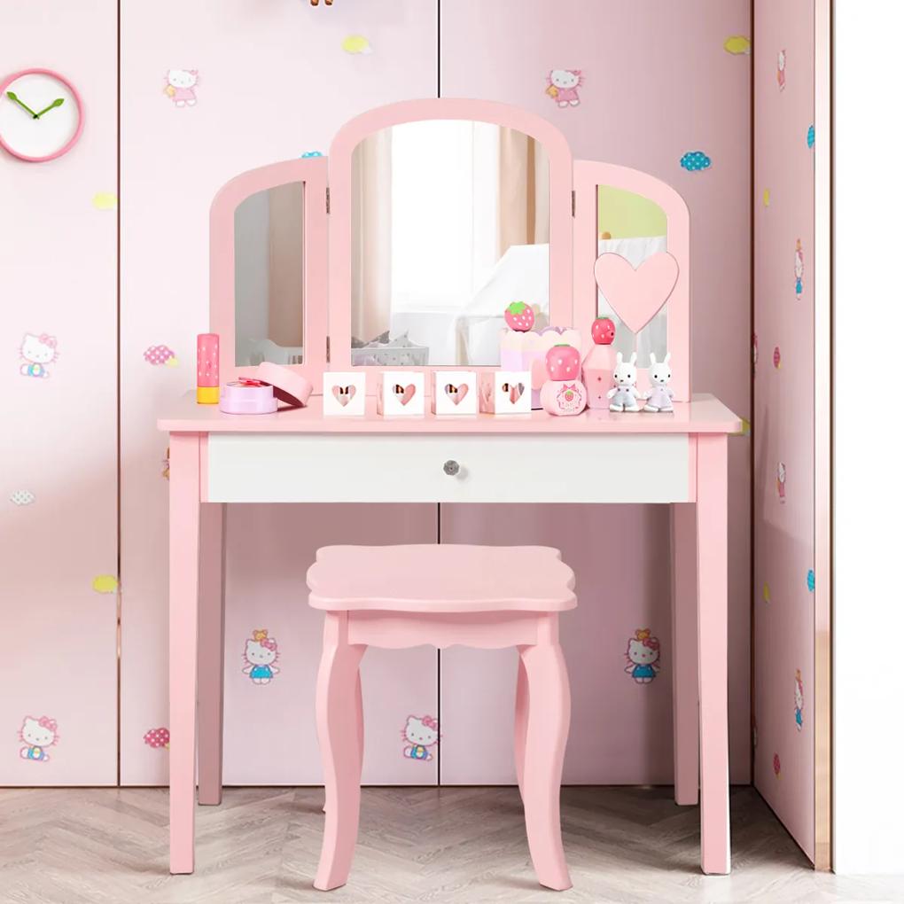 Toucador e Cadeira para Crianças Mesa de Maquilhagem com Espelho Tripartido e Banquinho de Secretária Destacável 2 em 1 Rosa