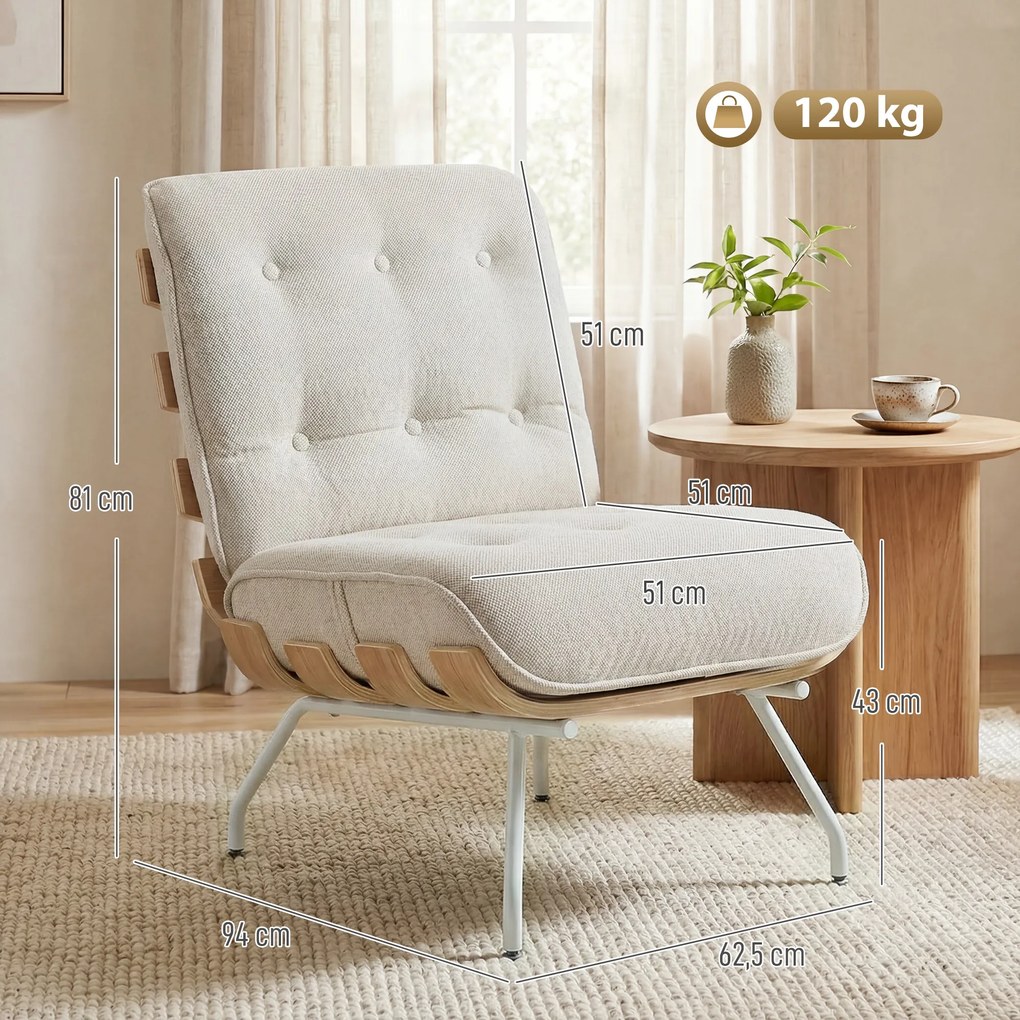 Poltrona de Sala Estofada em Linho com Assento Acolchoado Suporte com Estrutura de Aço 62,5x94x81 cm Creme