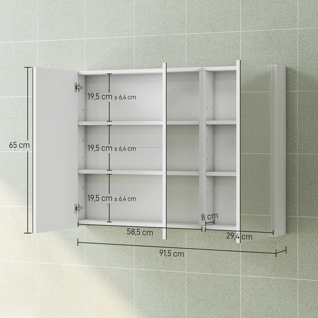 Armário de Casa de Banho com Espelho Armário de Parede Casa de Banho Suspenso com 3 Portas Prateleiras Ajustáveis 91,5x11,5x65 cm Branco