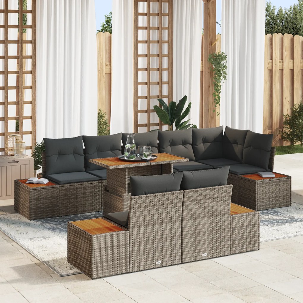 vidaXL Conjunto de Sofá de Jardim de 9 Peças com Almofadas Cinzas em Rattan Poliéster