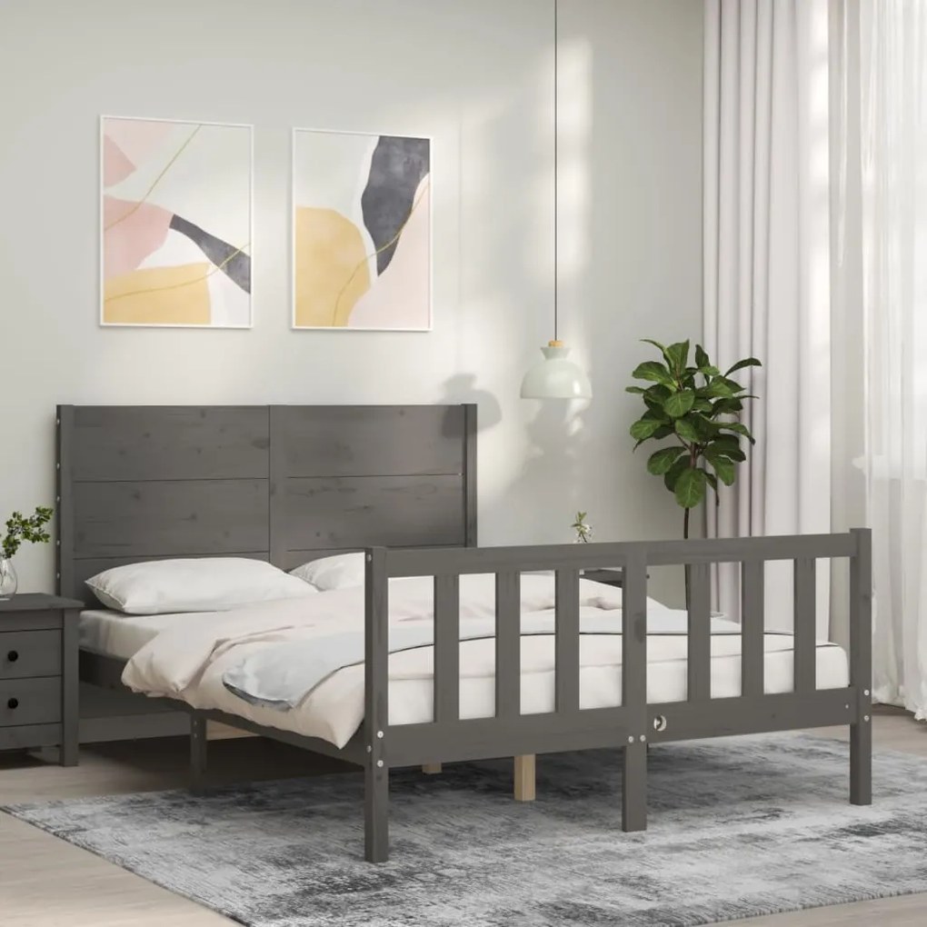 Estrutura de cama com cabeceira 140x190 cm madeira maciça cinza