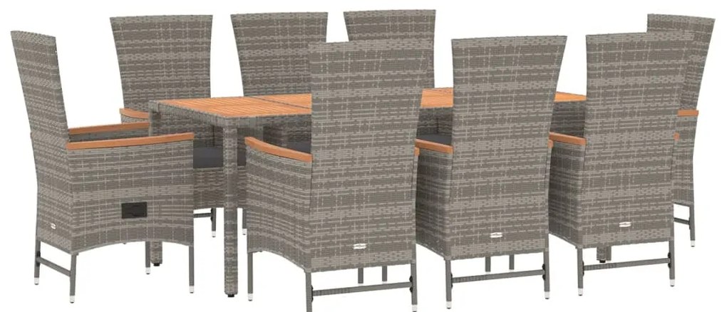 9 pcs conjunto de jantar p/ jardim c/ almofadões vime PE cinza