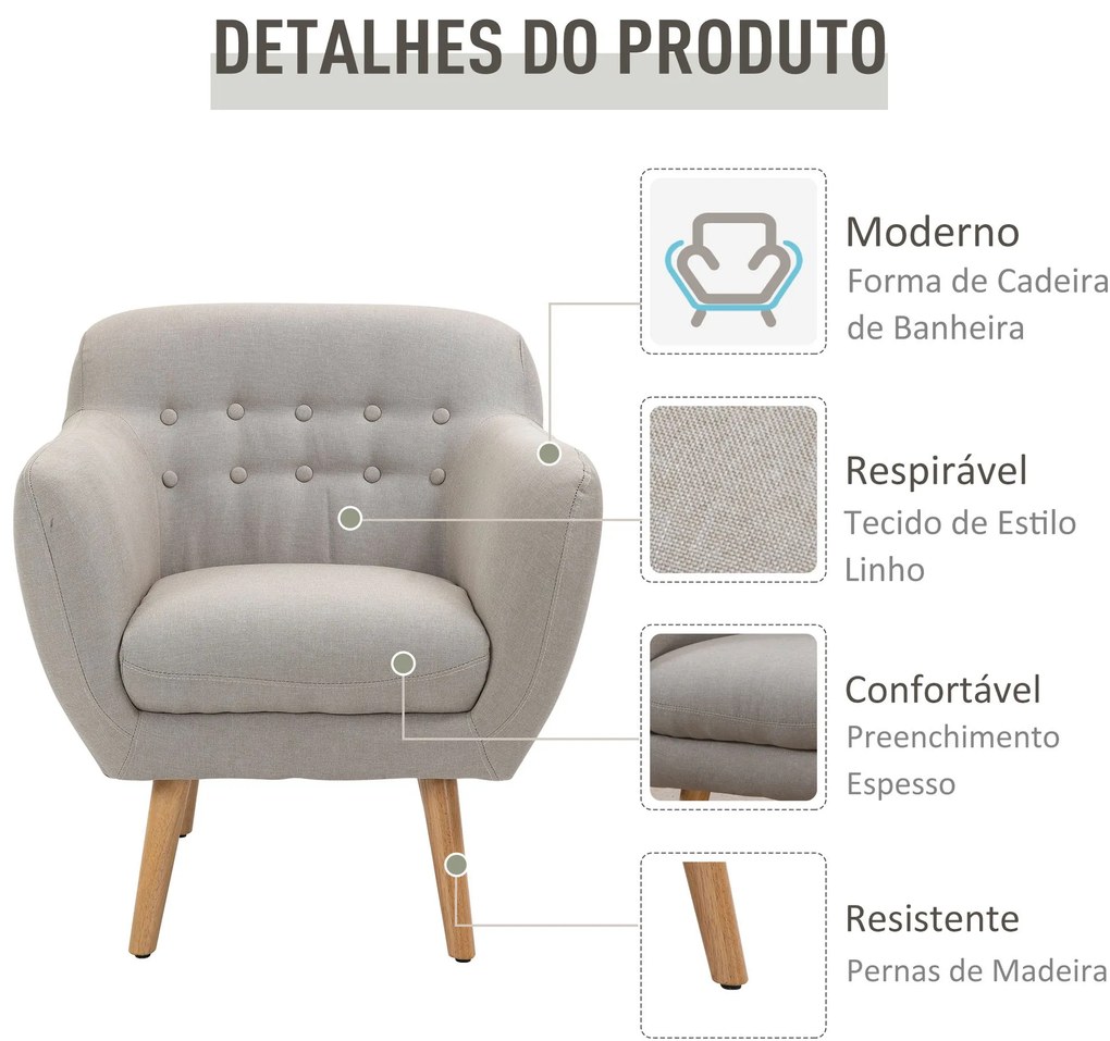 Poltrona individual Moderna com Pernas de Madeira Acolchoada Estilo Nórdico 71x62x78 cm Bege