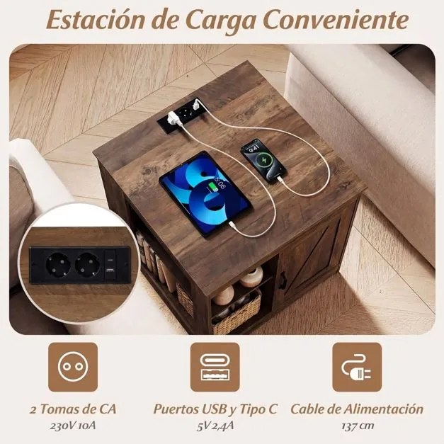 Mesa apoio, mesa cabeçeira Rústica 60 x 60 x 61 cm com Estação de Carregamento, com Porta Deslizante para Quarto e Sala cor Carvalho rústico