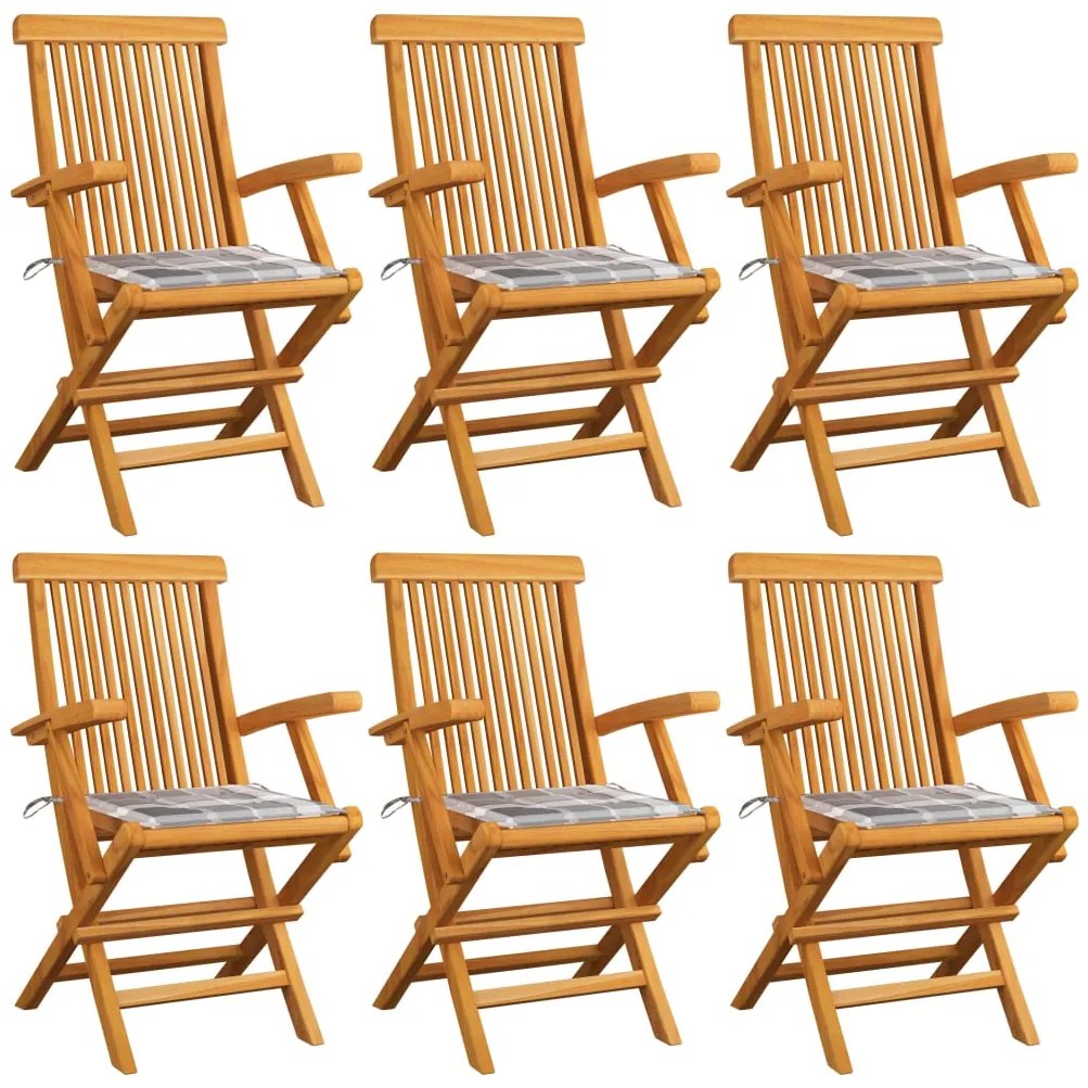 vidaXL Cadeiras de jardim c/ almofadões xadrez cinzento 6 pcs teca